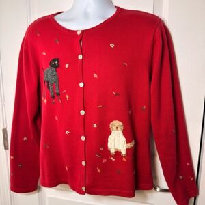 Talbots Womens Red Cotton Cardigan Sweater Embroidered Dogs Leaves Size Large